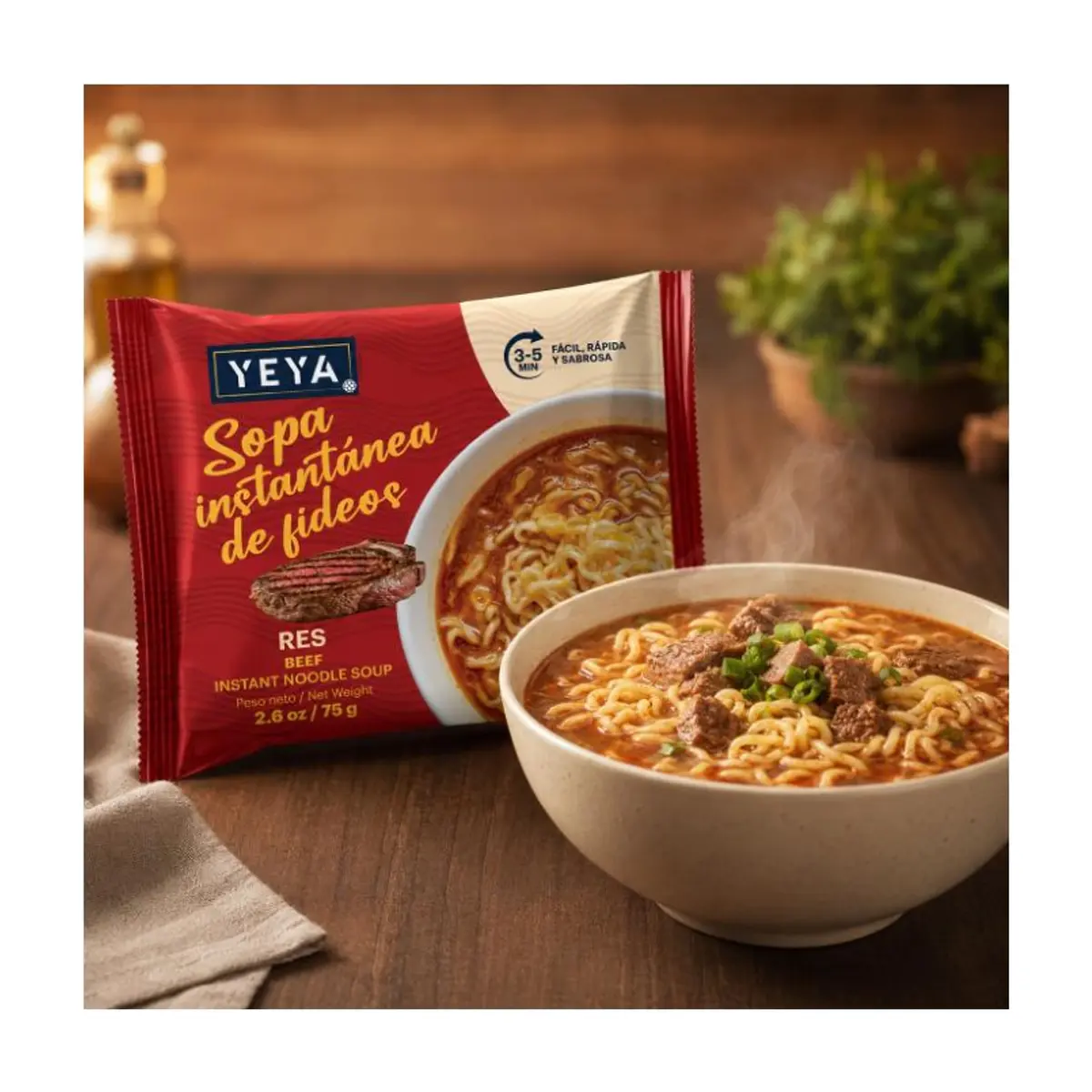 Sopa instantánea de fideos con sabor a res YEYA (5 x 75 g / 2.6 oz) - Thumbnail 4