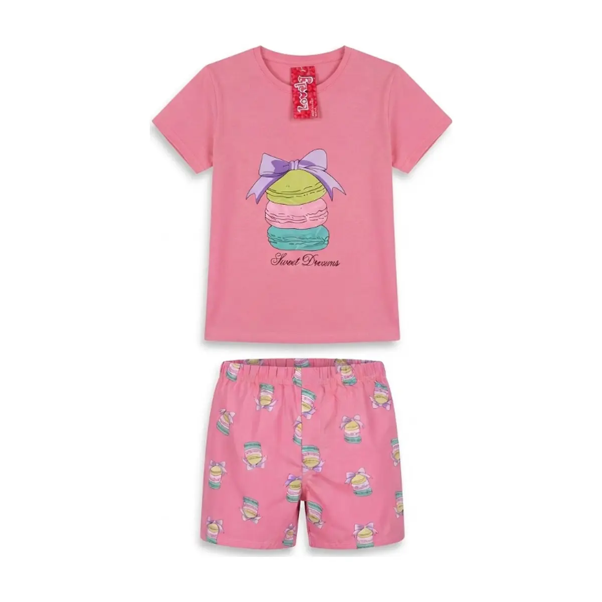 Pijama de dos piezas femenino color rosado con diseño central de macarons Lovely (Talla XL)