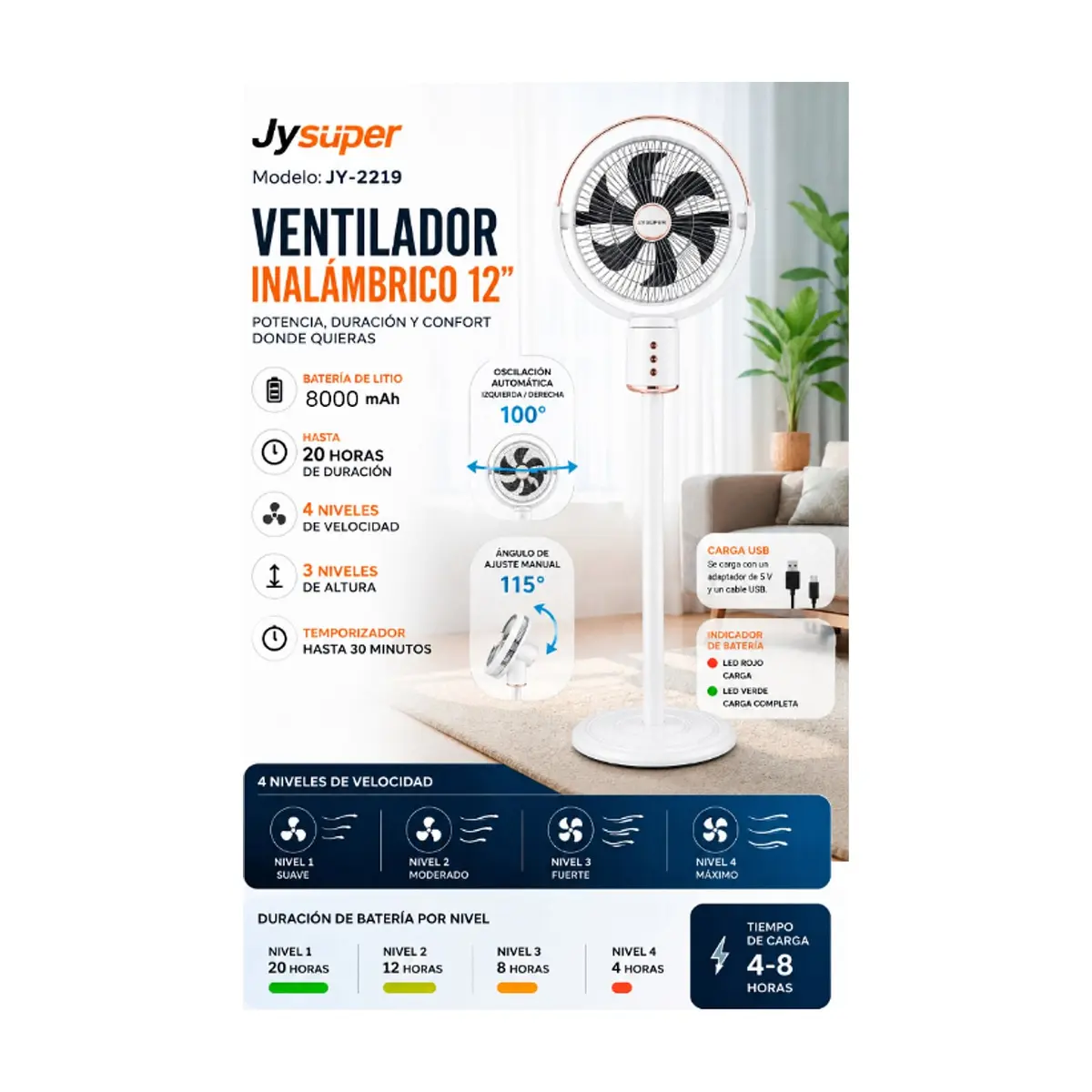 Ventilador recargable 3 en 1 color blanco 12" JY-2219 JySuper - Thumbnail 2