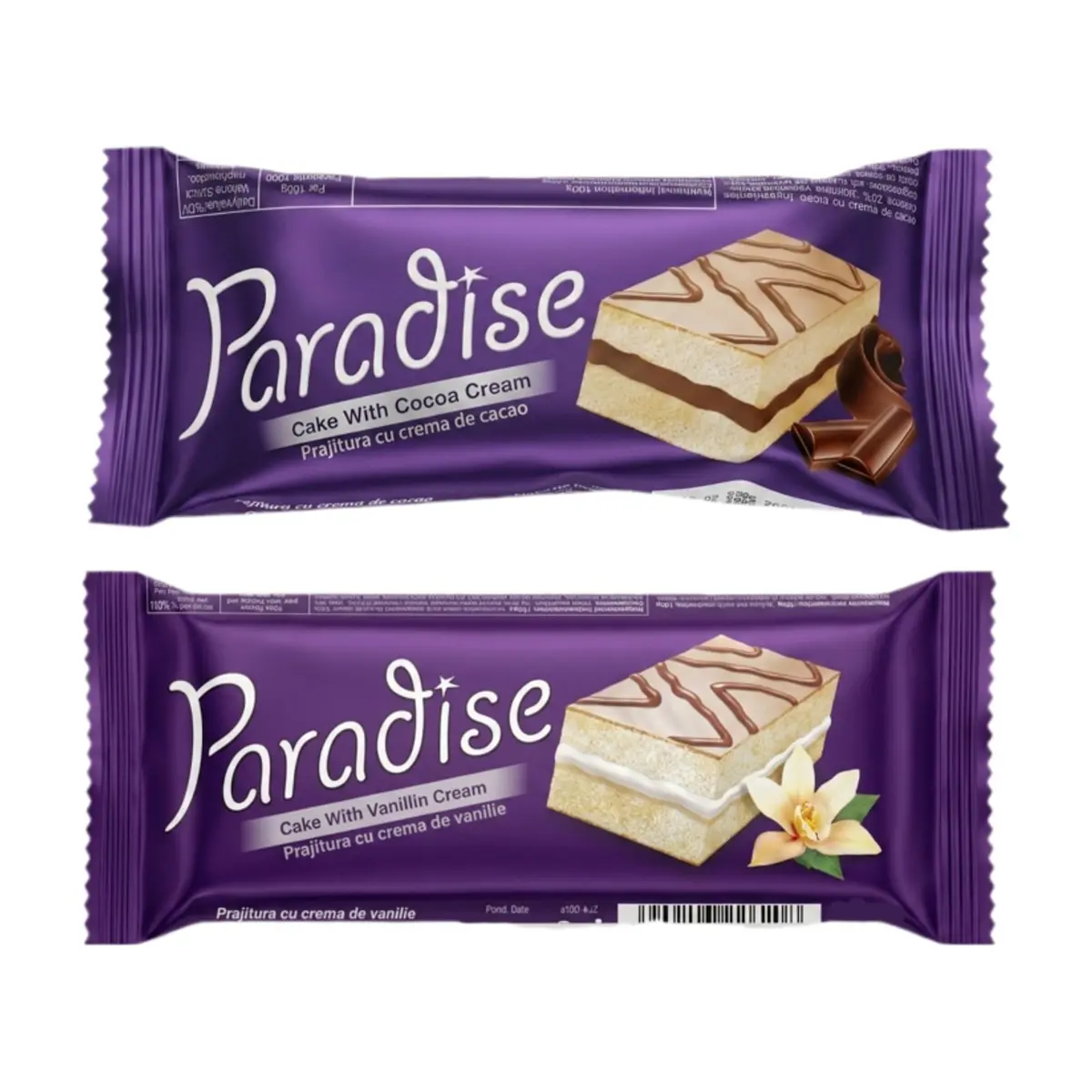Pastelitos Paradise Simsek rellenos de crema de vainilla y chocolate con cobertura de chocolate blanco