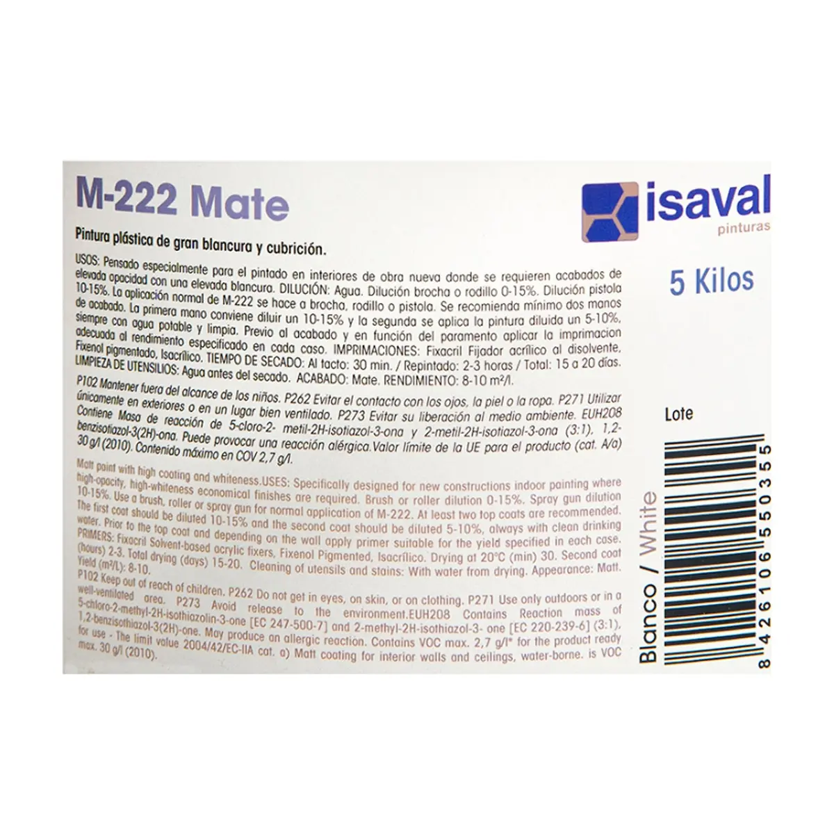 Pintura plástica interior color blanco M - 222 Isaval - Blancolor (5 kg / 11 lb) - Thumbnail 9
