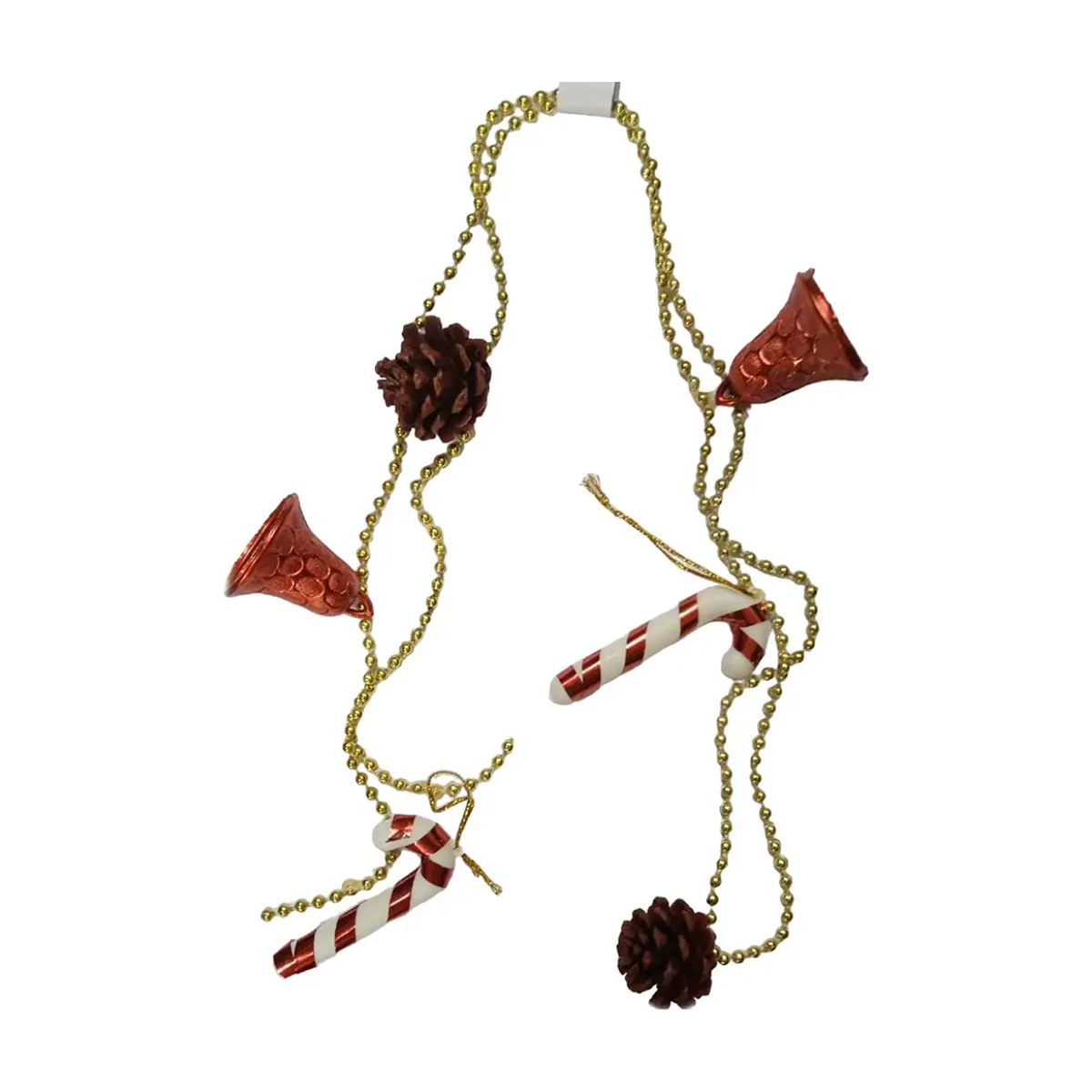 Guirnalda dorada con campanas rojas, bastones y pinos