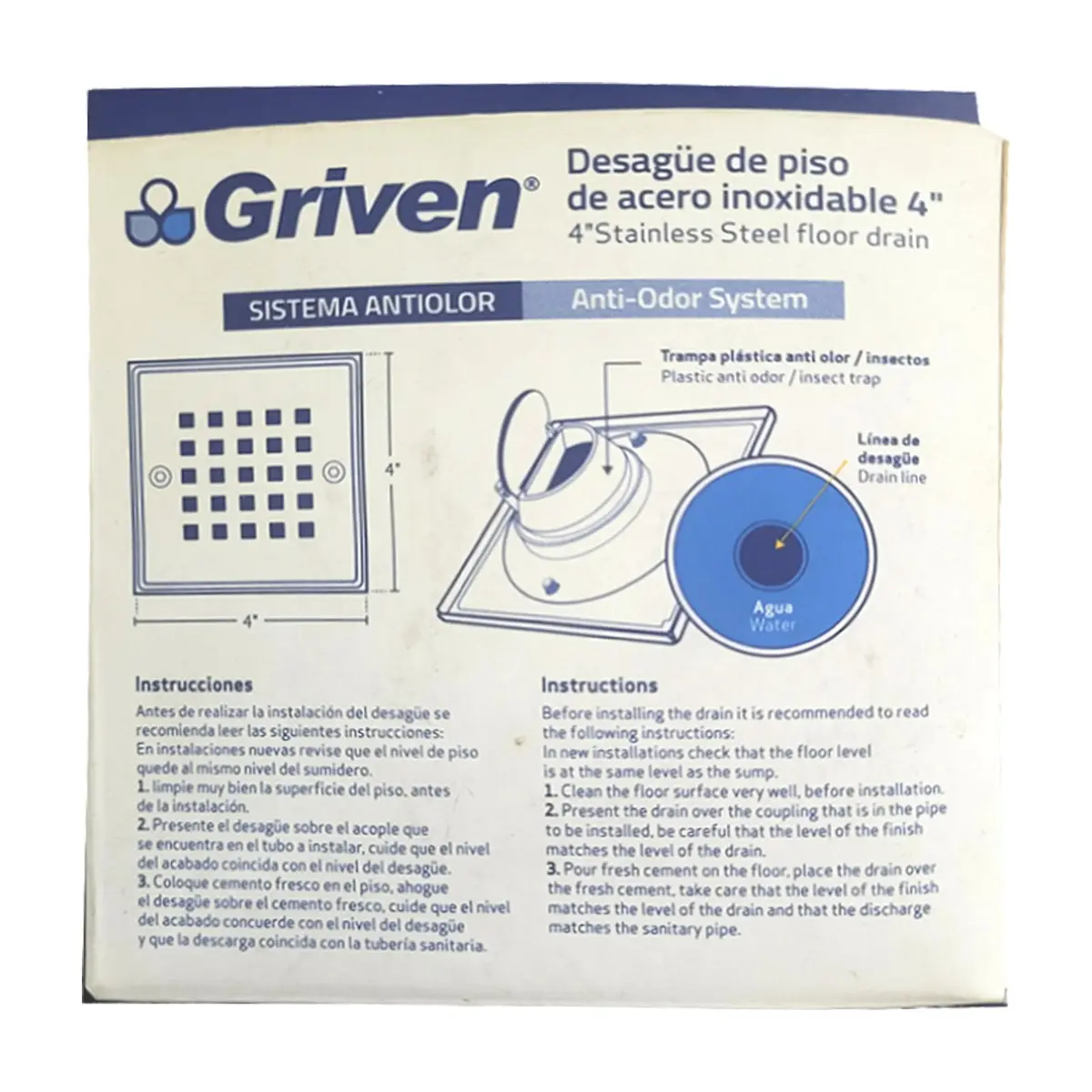Desagüe cuadrado de acero inoxidable de 4" Griven - Thumbnail 7