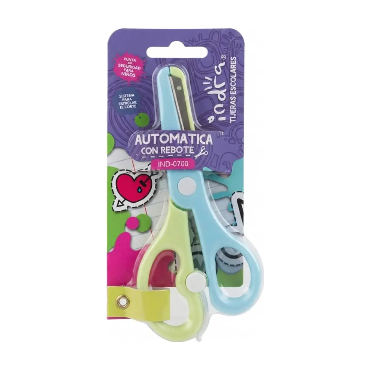 Tijera escolar automática con funda de plástico azul y verde Indra - Miniatura 1