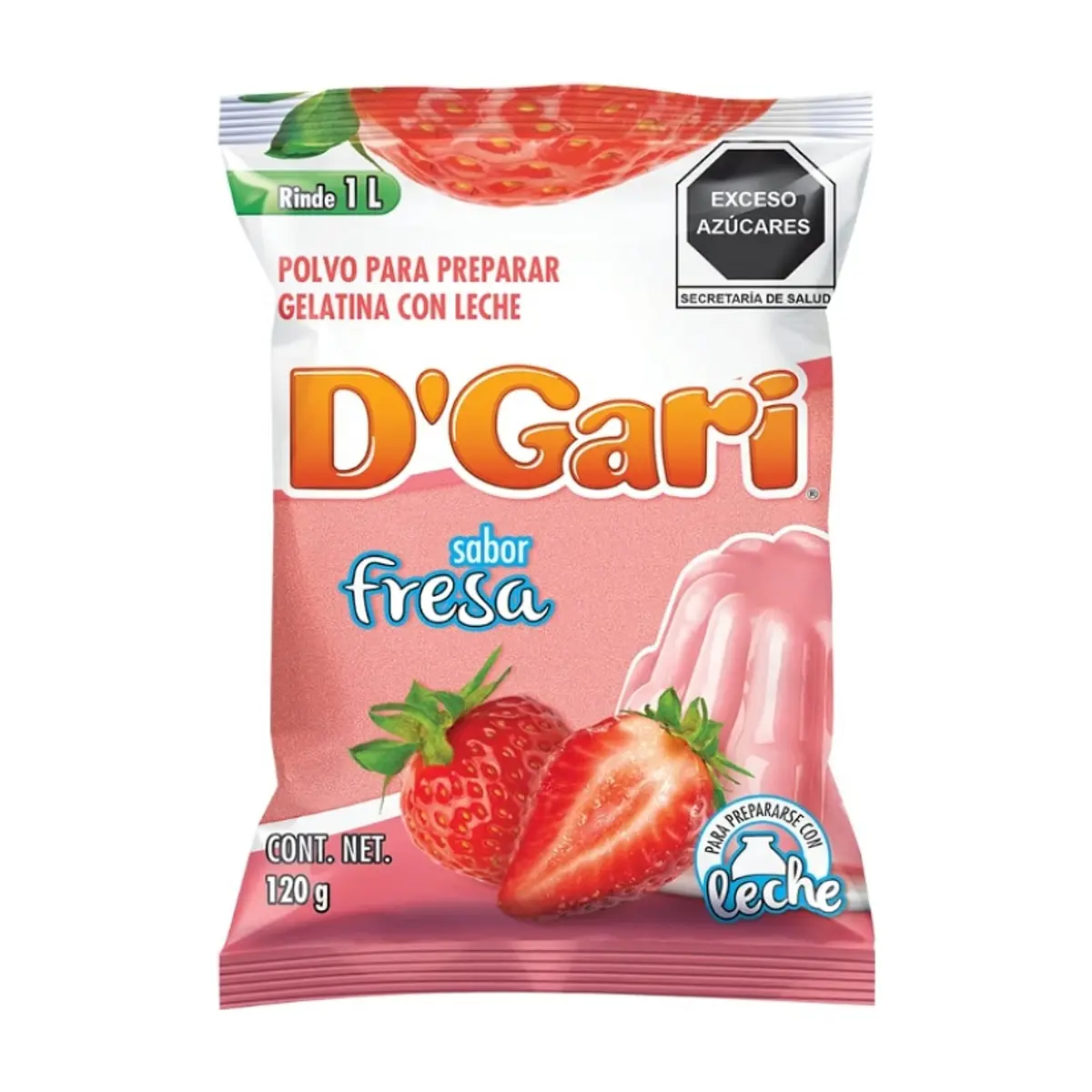 Polvo para preparar gelatina con leche sabor fresa D'Gari (120 g / 4.23 oz)