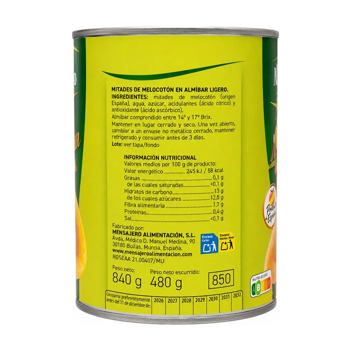 Mitades de melocotón en almíbar ligero Mensajero (840 g / 1.85 lb) - Thumbnail 3