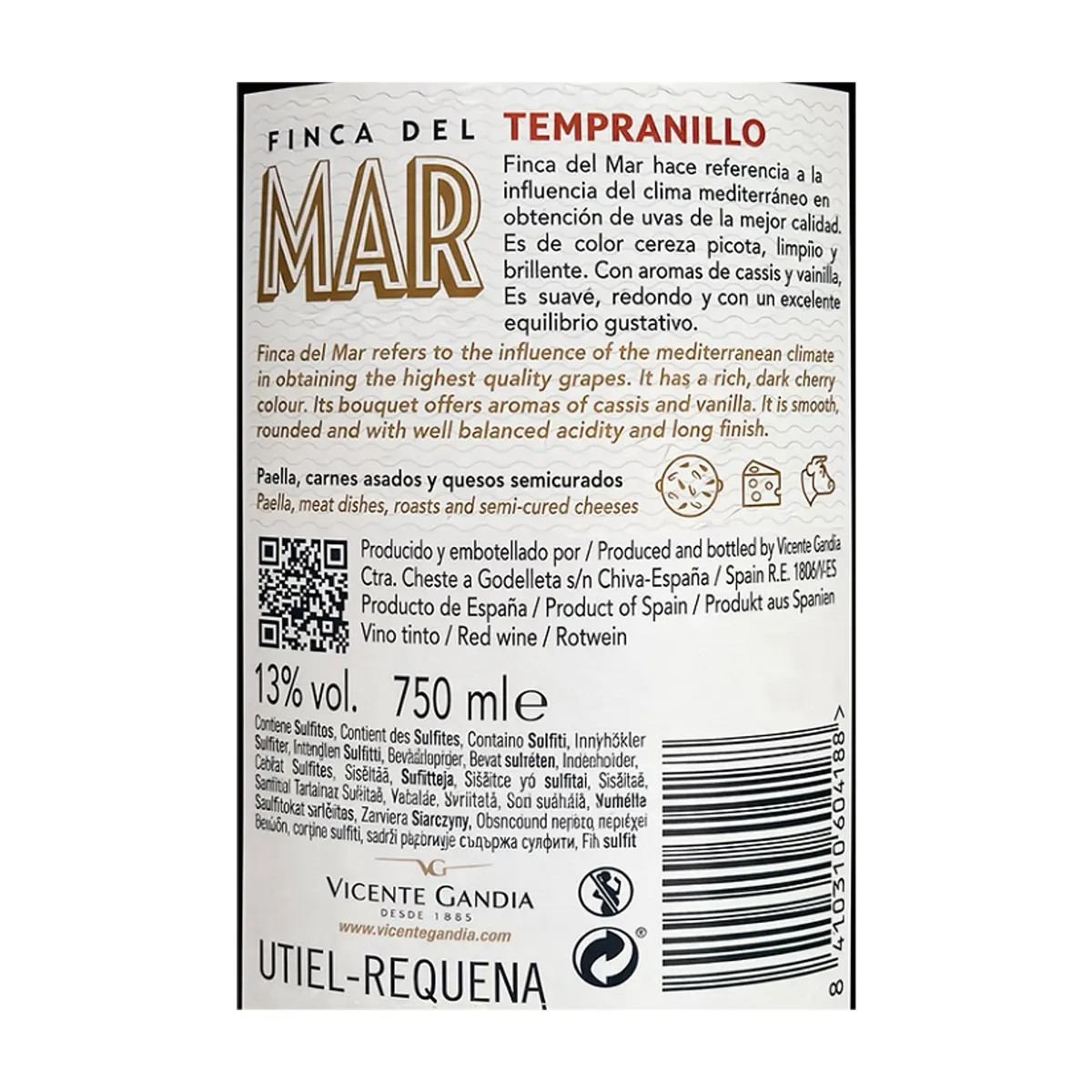 Vino tinto Tempranillo Crianza Finca del Mar (750 ml) - Thumbnail 3