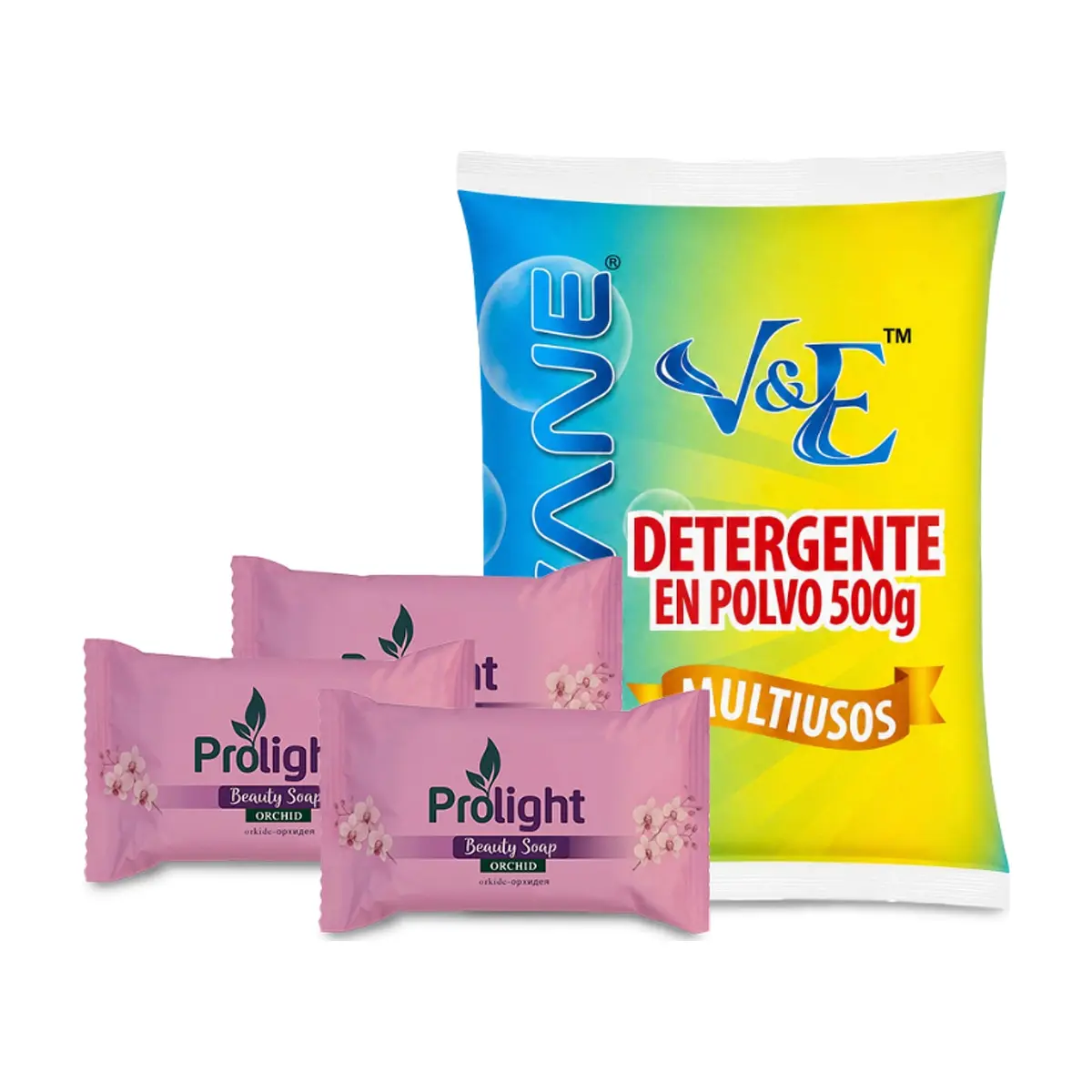 Combo de higiene y limpieza #3: Detergente en polvo multiuso con aroma floral Lavane + Jabón de belleza con fragancia a orquídea Prolight
