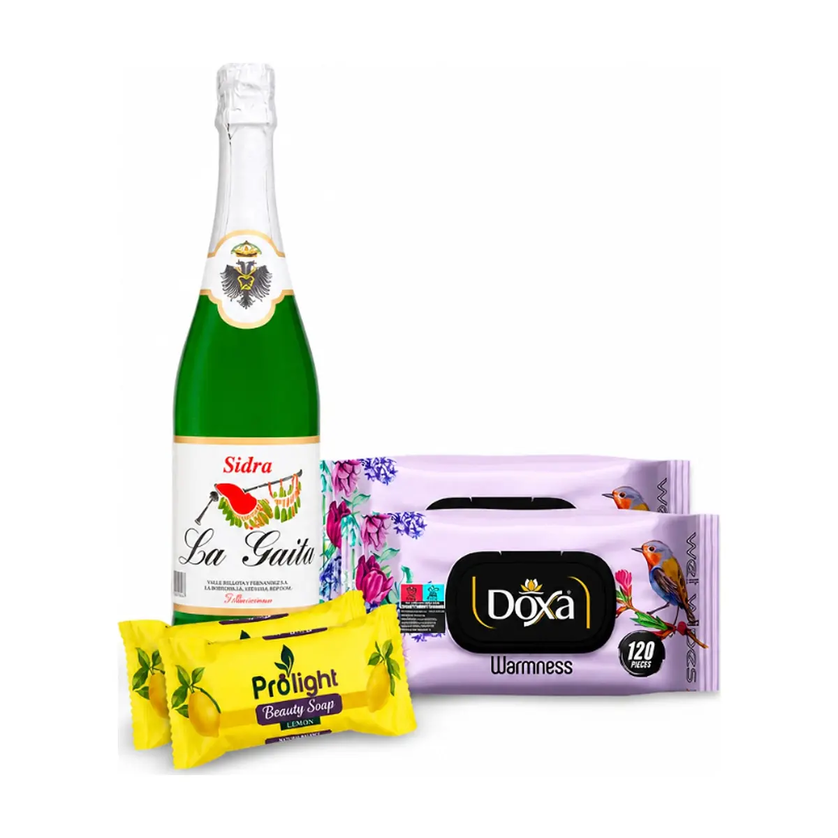 Combo de aseo personal #4:  Toallitas húmedas Doxa Warmnes + Sidra La Gaita + Jabón de belleza con fragancia a limón Prolight