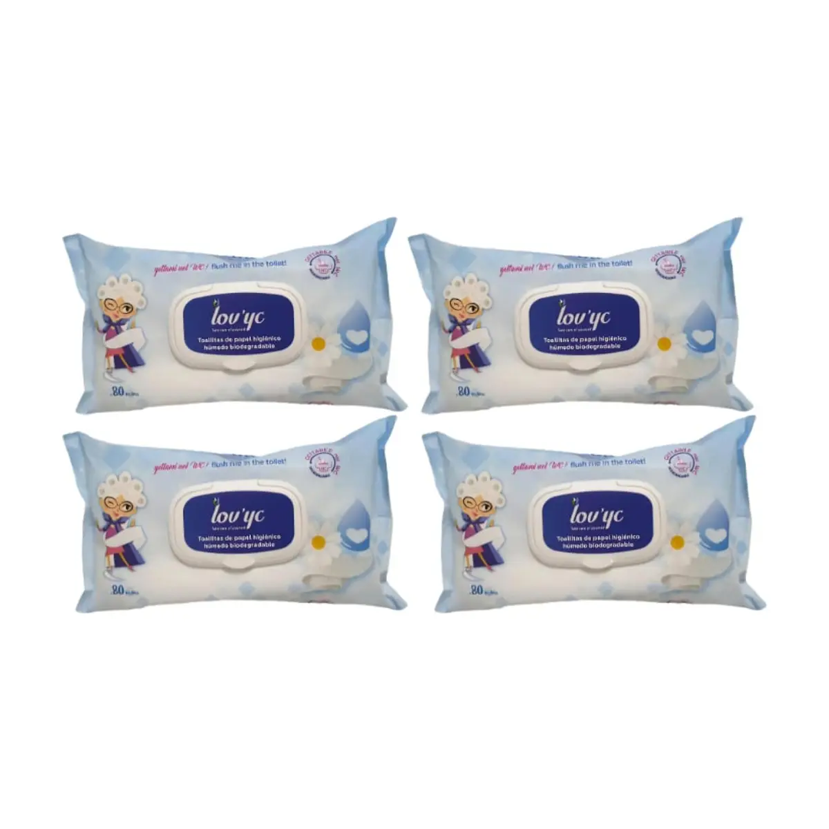 Toallitas de papel higiénico húmedo biodegradables Lov’yc (4 x 80 U)