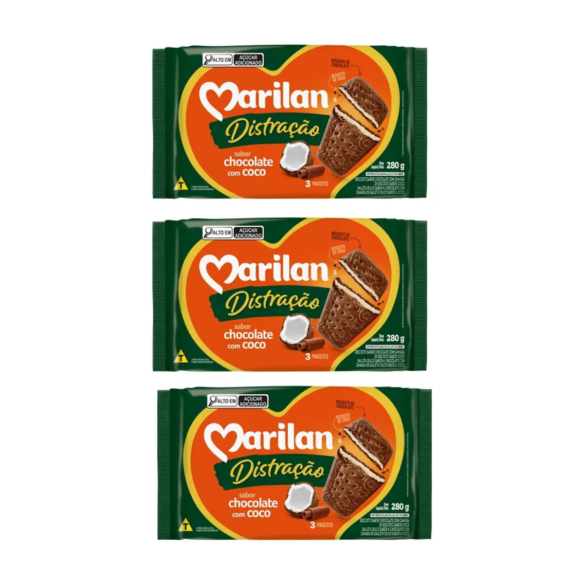 Galleta triple capa sabor chocolate con coco Distracao Marilan (3 x 280 g / 9.88 az)