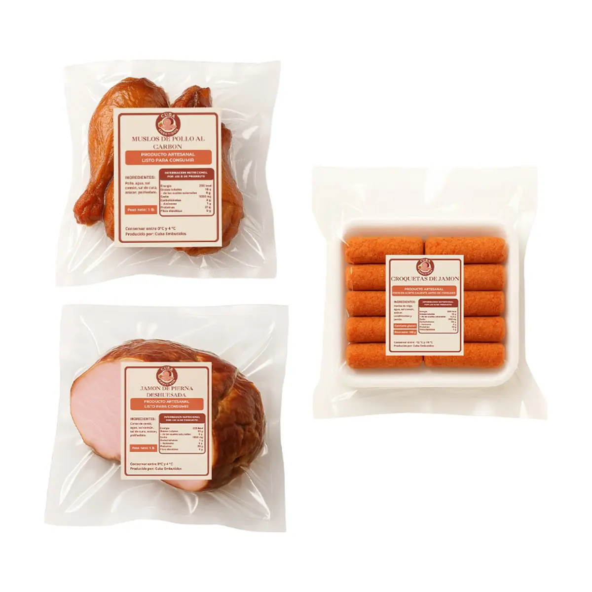 Jamón de pierna deshuesada + Muslos de pollo al carbón + Croquetas de jamón