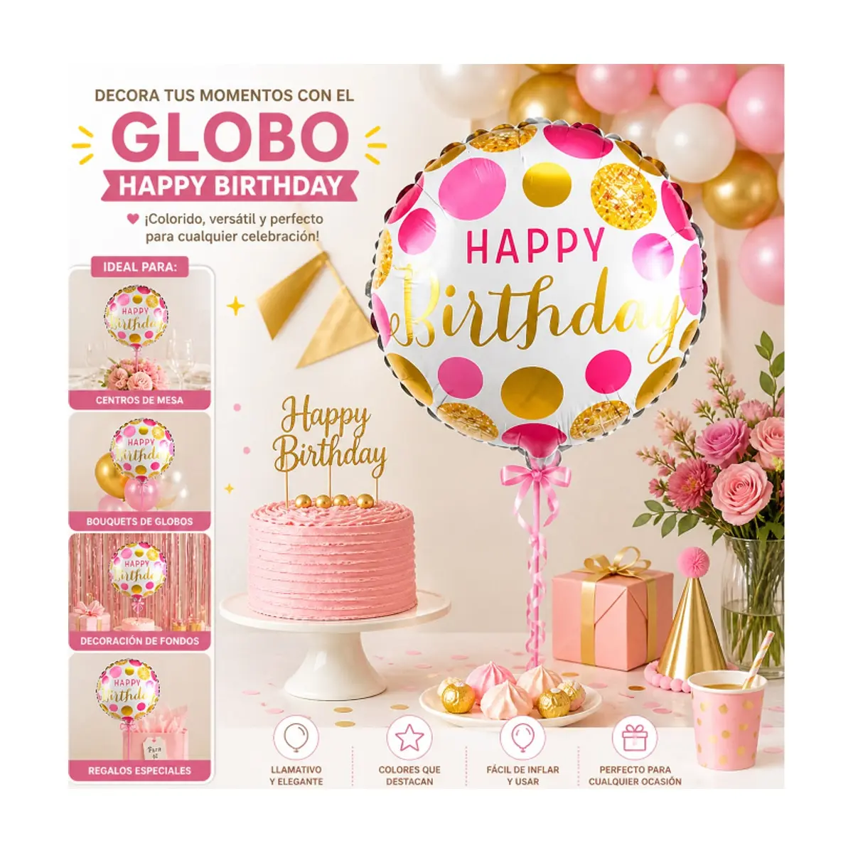 Globo Happy Birthday con estampados dorados Ballon (18 pulgadas) - Thumbnail 4