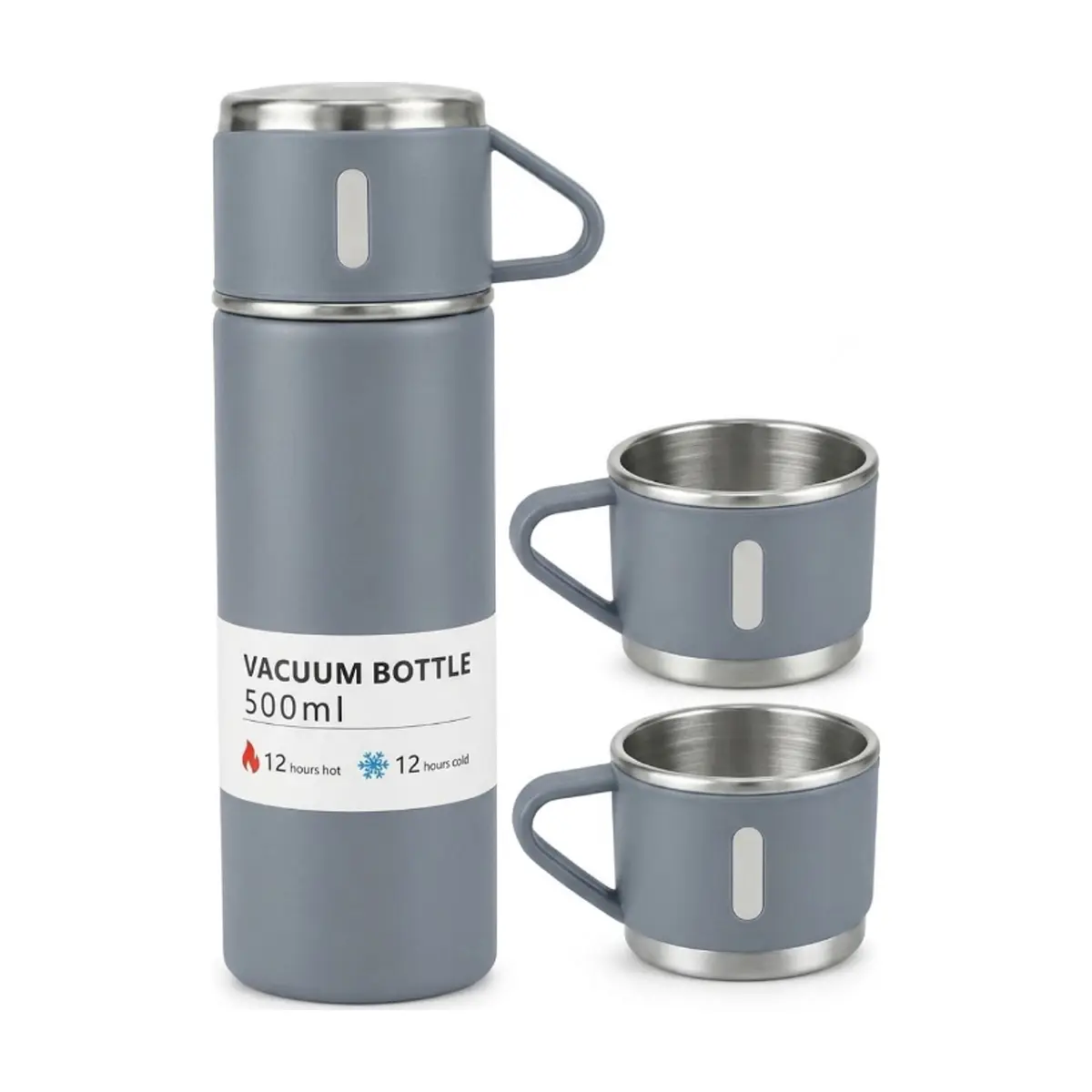 Set de termo de acero inoxidable de 500 ml con 2 tazas color gris XL Soluciones - Miniatura 1