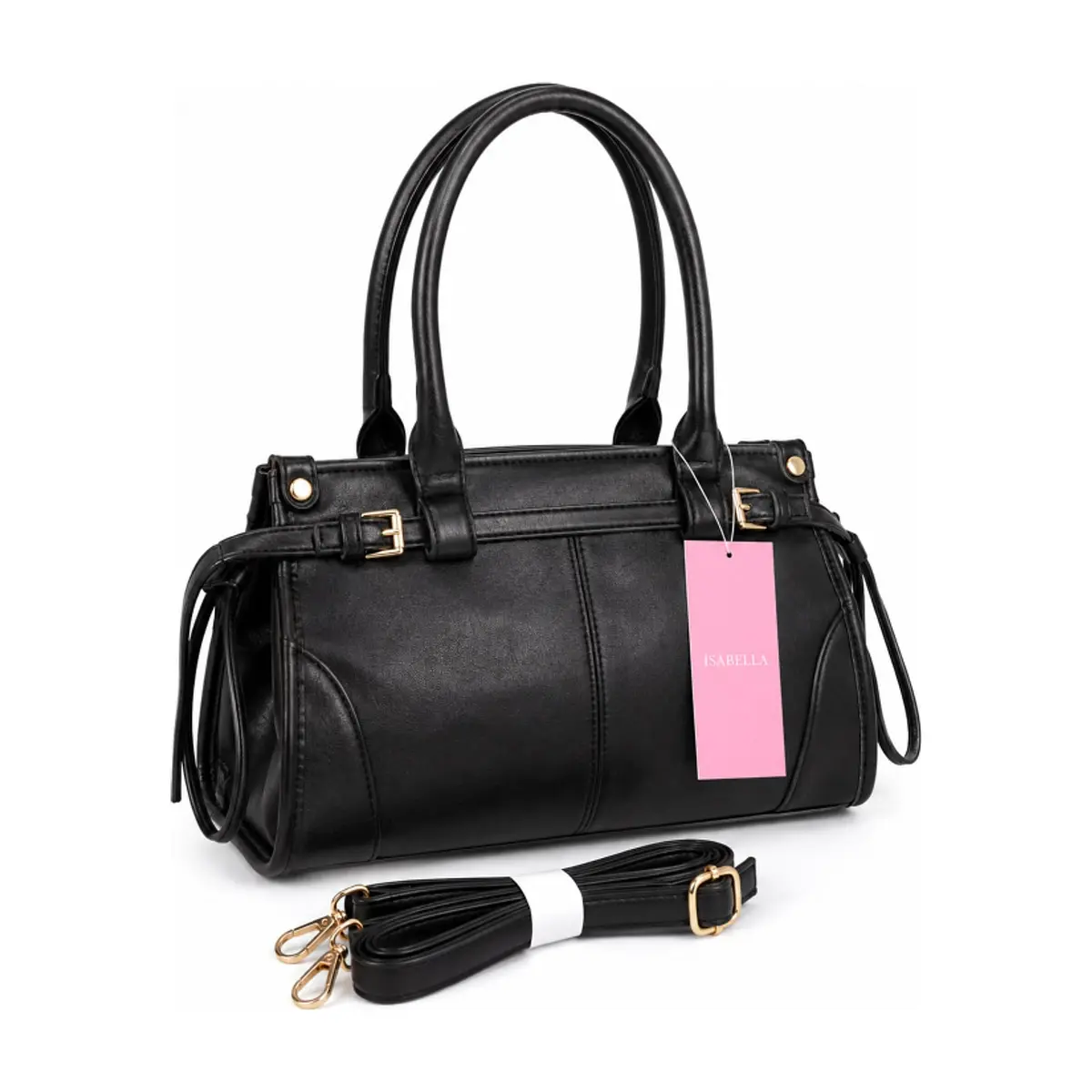 Bolso tote estructurado negro con cinturón decorativo y asas extraíbles Isabella (1 U)