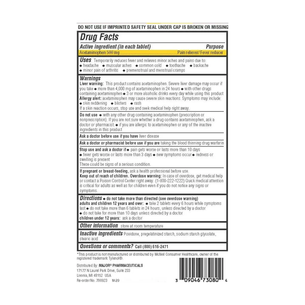 Acetaminofén sin aspirina 500 mg Major (1000 tabletas) - Thumbnail 2