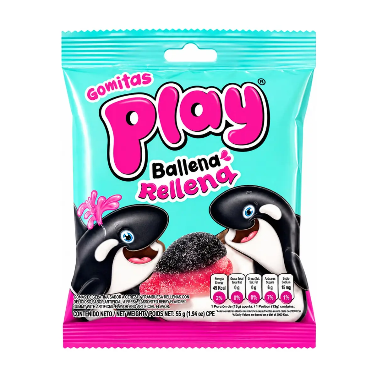 Gomitas de gelatina sabor a cereza y frambuesa rellenas con líquido sabor a fresa Ballena Play (55 g / 1.94 oz)