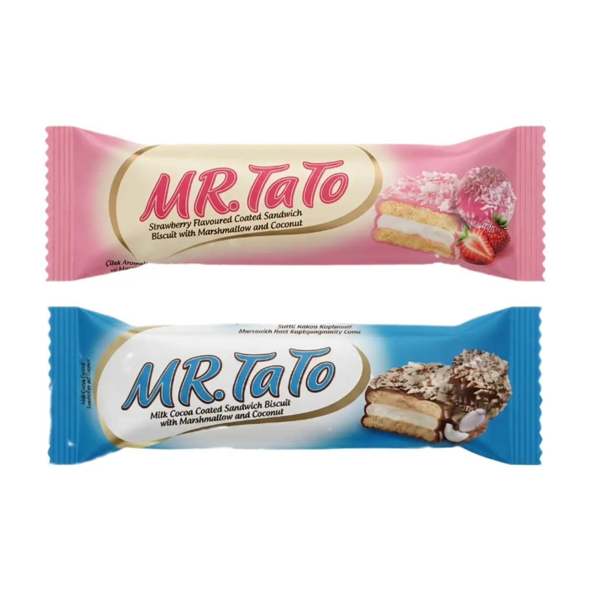Galletas de vainilla rellenas de malvavisco y cubiertas de crema de fresa y chocolate con coco Mr. Tato Roz - Imagen 1