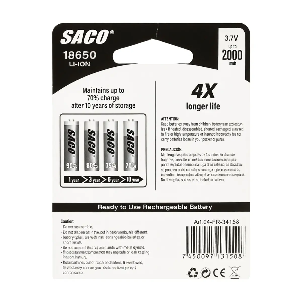 Baterías recargables 18650 Saco FR-34158 (4 U) - Thumbnail 2