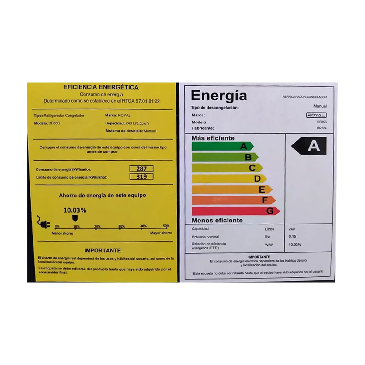 Refrigerador (240 L / 8,5 pies³) de 2 puertas con dispensador de agua, color negro y gris oscuro – Royal RF85S - Thumbnail 3