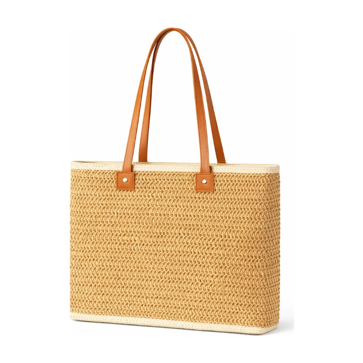 Bolso tote de playa tejido en color camel con bolsillo frontal y asas de piel ISABELLA (1 U) - Thumbnail 3