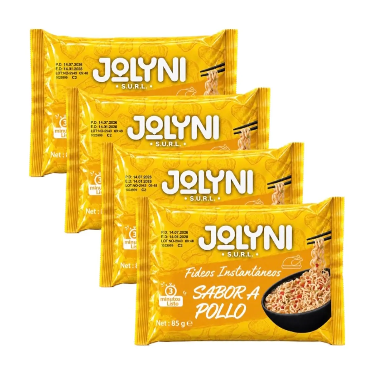 Sopa de fideos instantáneos sabor pollo Jolyni (4 x 85 g / 3 oz)