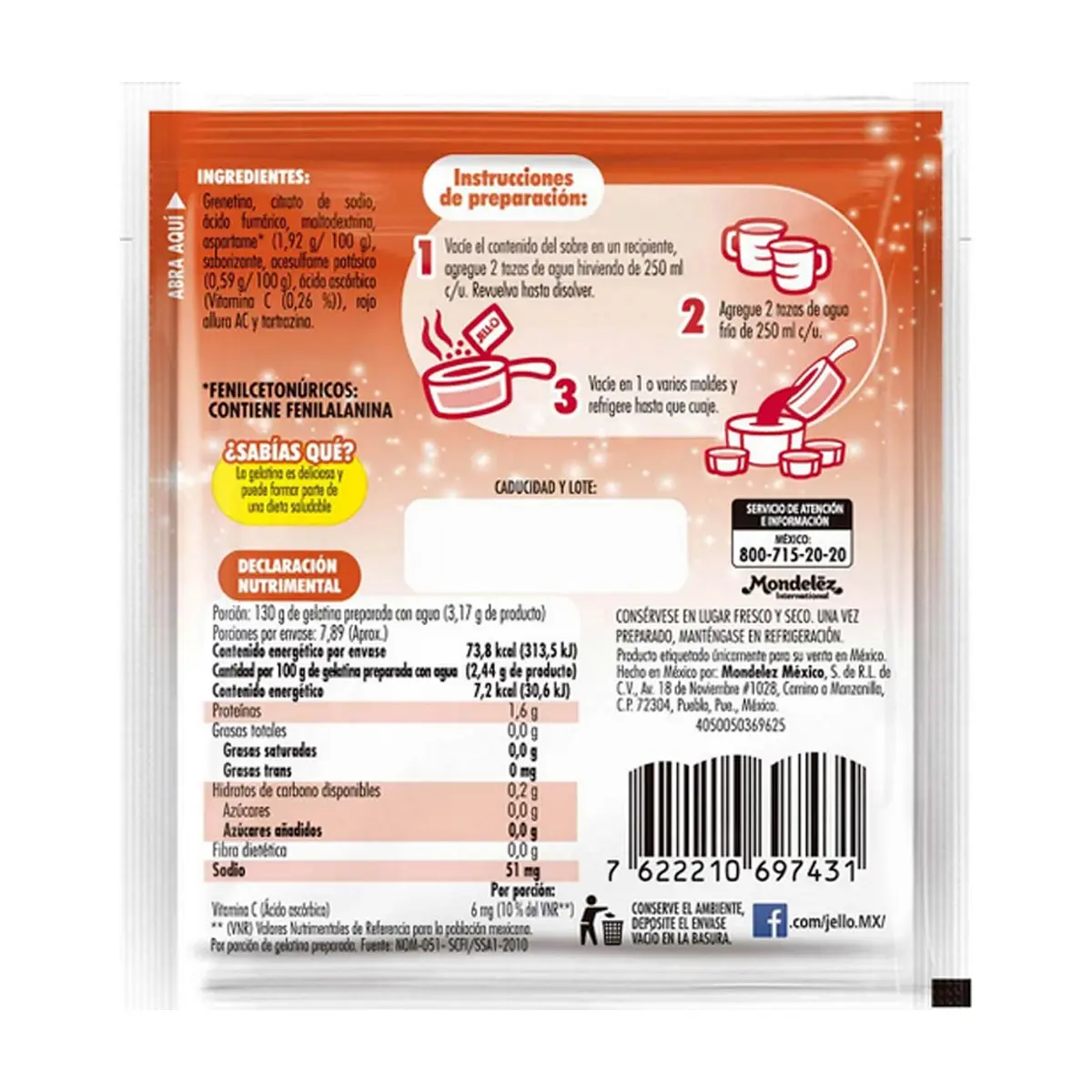 Gelatina sin azúcar fortificada con Vit C sabor durazno Jell-O (25 g) - Miniatura 3