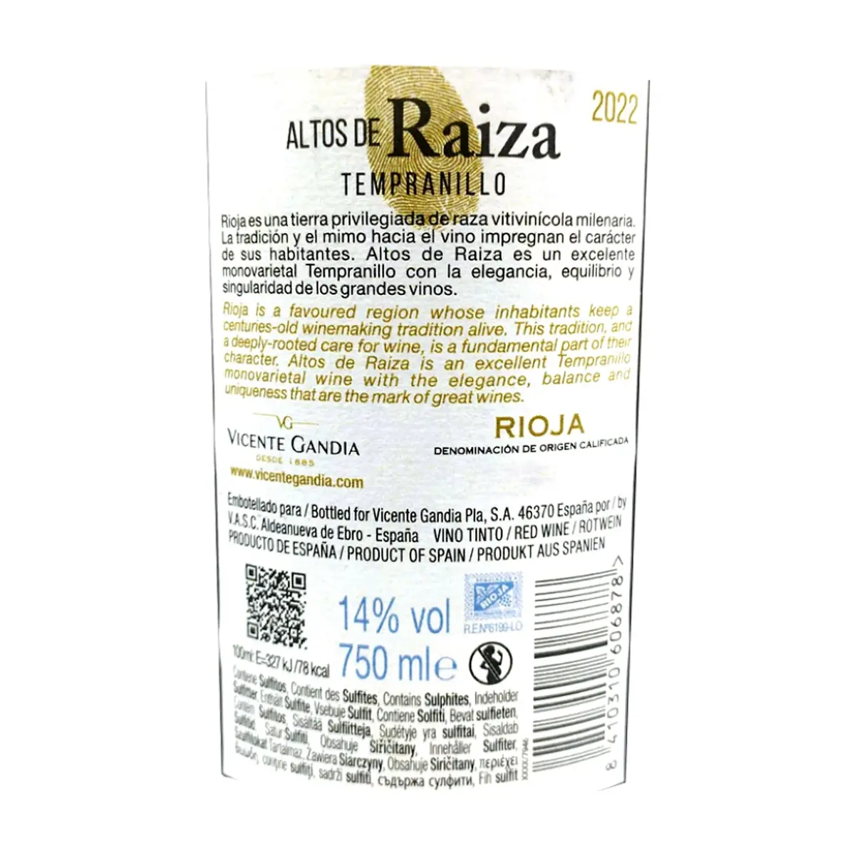 Vino tinto Rioja Tempranillo Altos de Raiza (750 ml) - Thumbnail 3