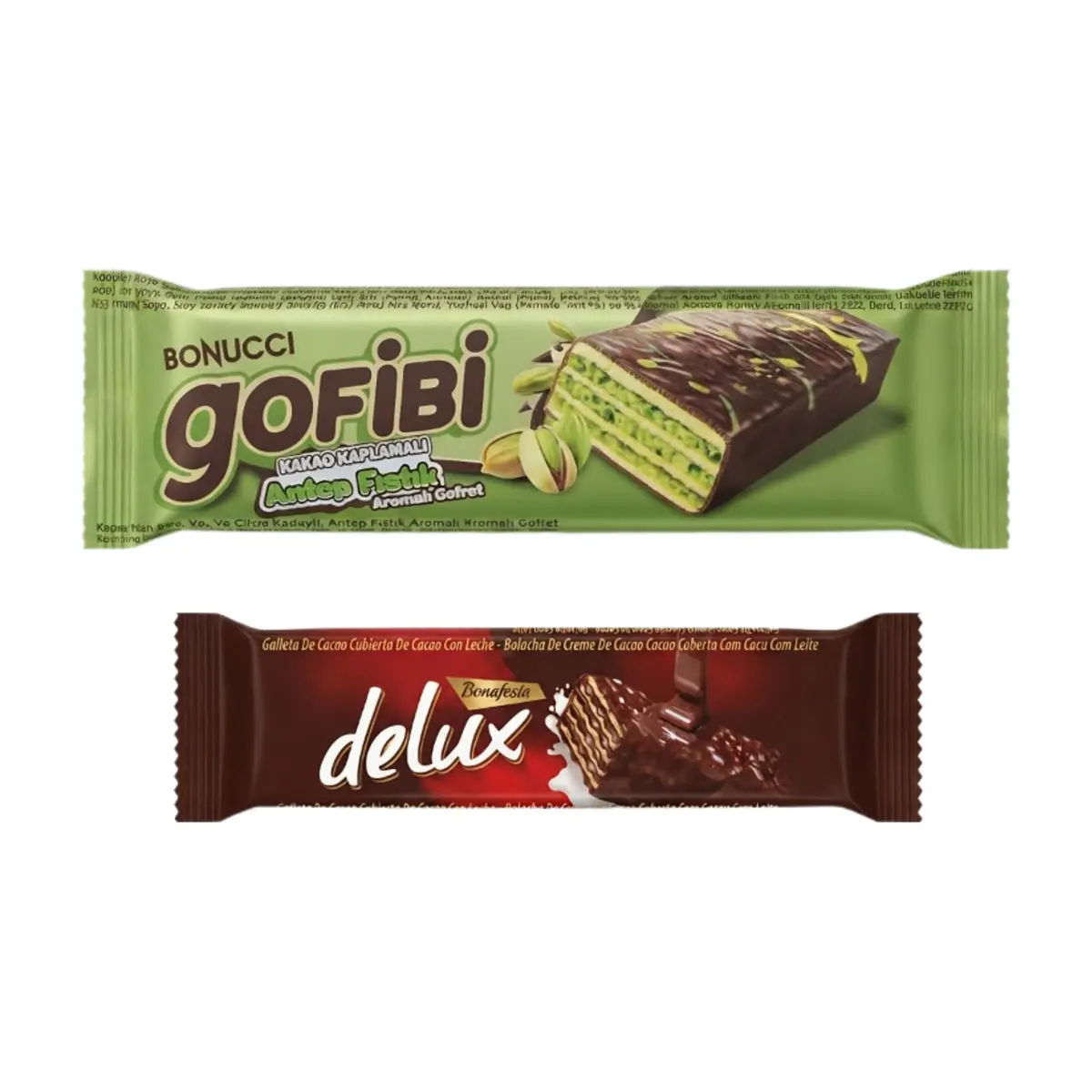 Obleas rellenas de cremas de pistacho y chocolate y cubiertas de cacao Gofibi y Delux - Imagen 1