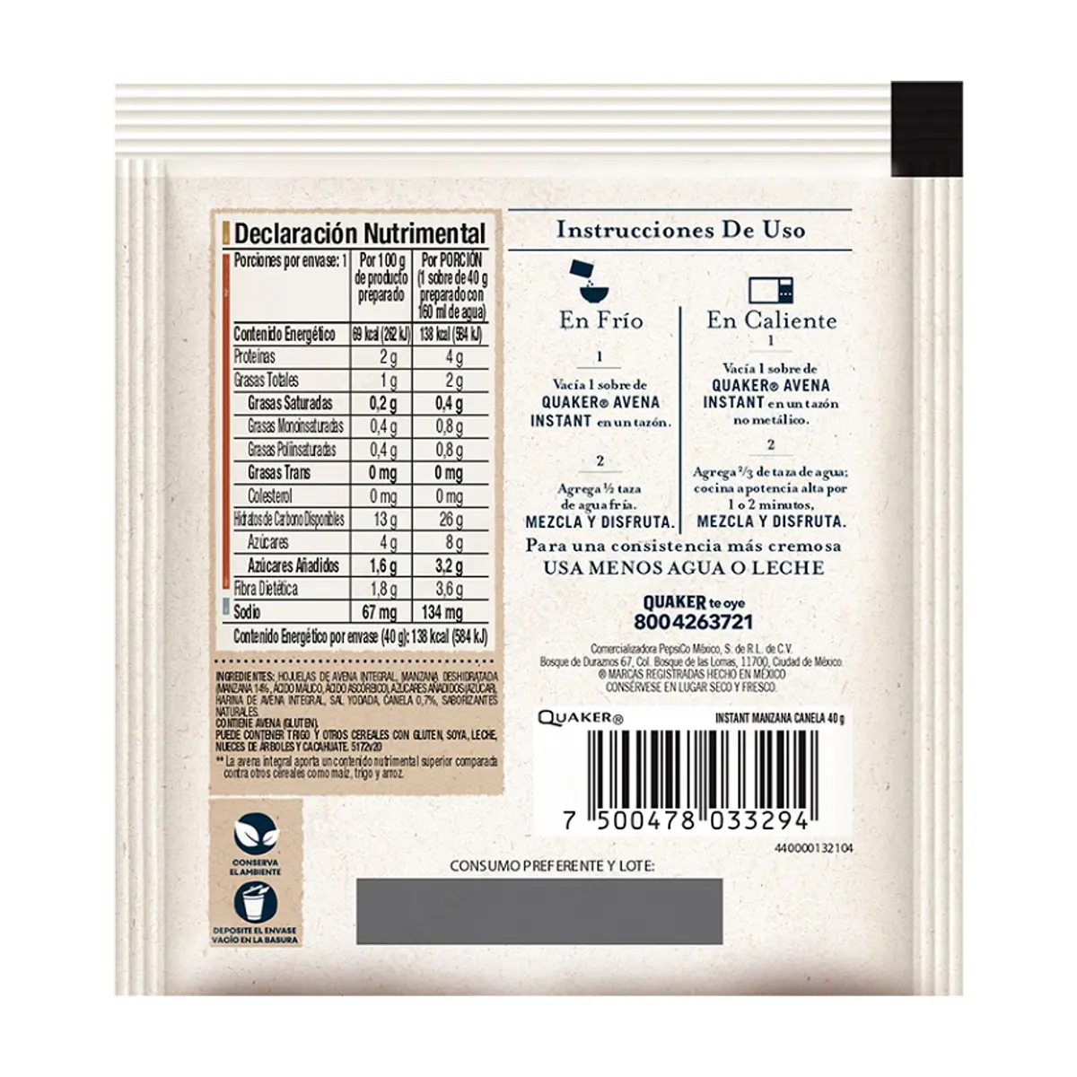 Cereal de avena integral sabor manzana y canela Quaker (40 g / 1.41 oz) - Miniatura 5