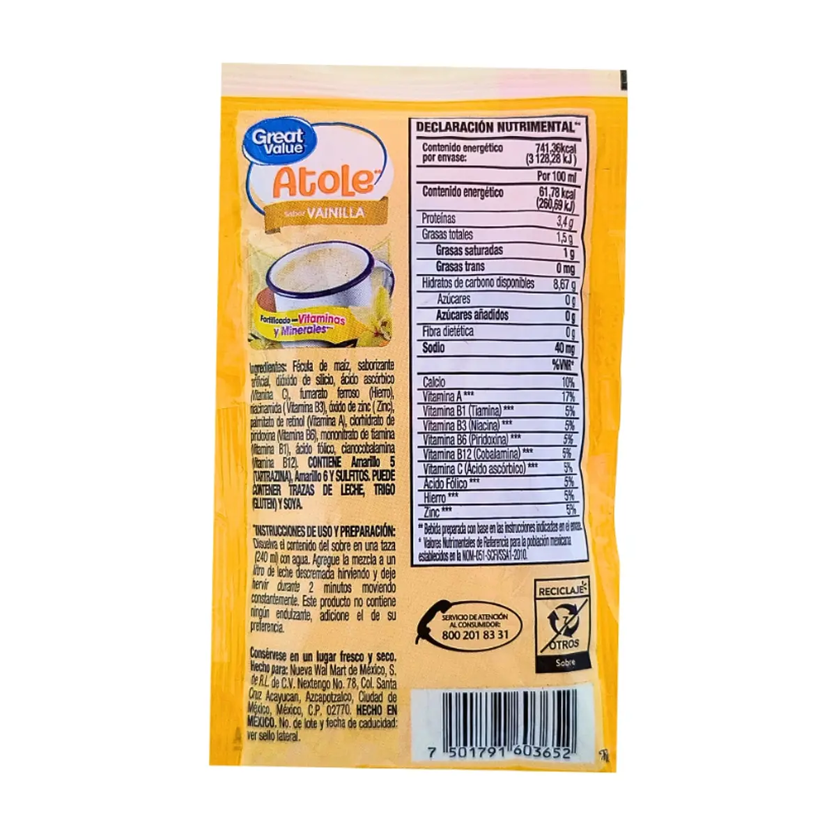 Polvo para preparar atole sabor vainilla fortificado con vitaminas y minerales Great Value (45 g / 1.59 oz) - Miniatura 2