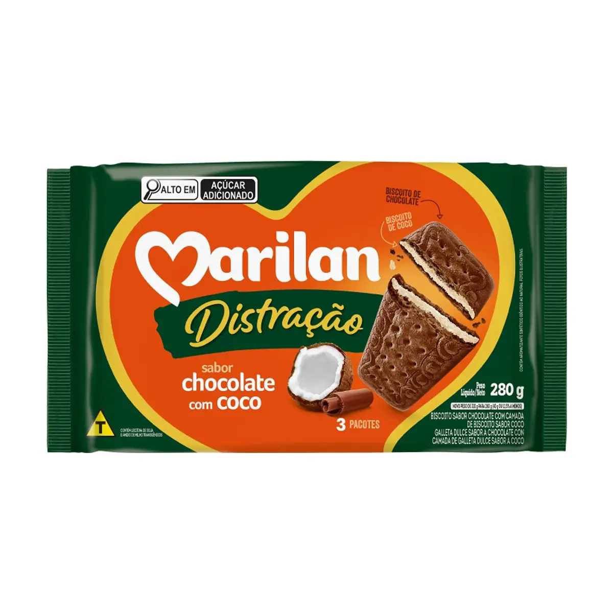 Galleta triple capa sabor chocolate con coco Distracao Marilan (280 g / 9.88 az)
