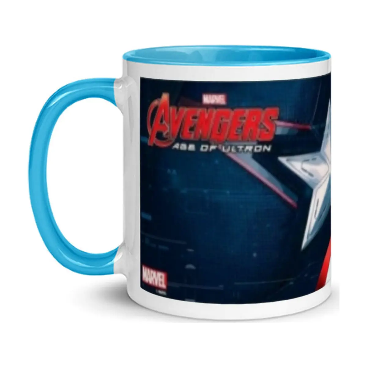 Jarra blanca y azul de cerámica con diseño impreso tema Avengers