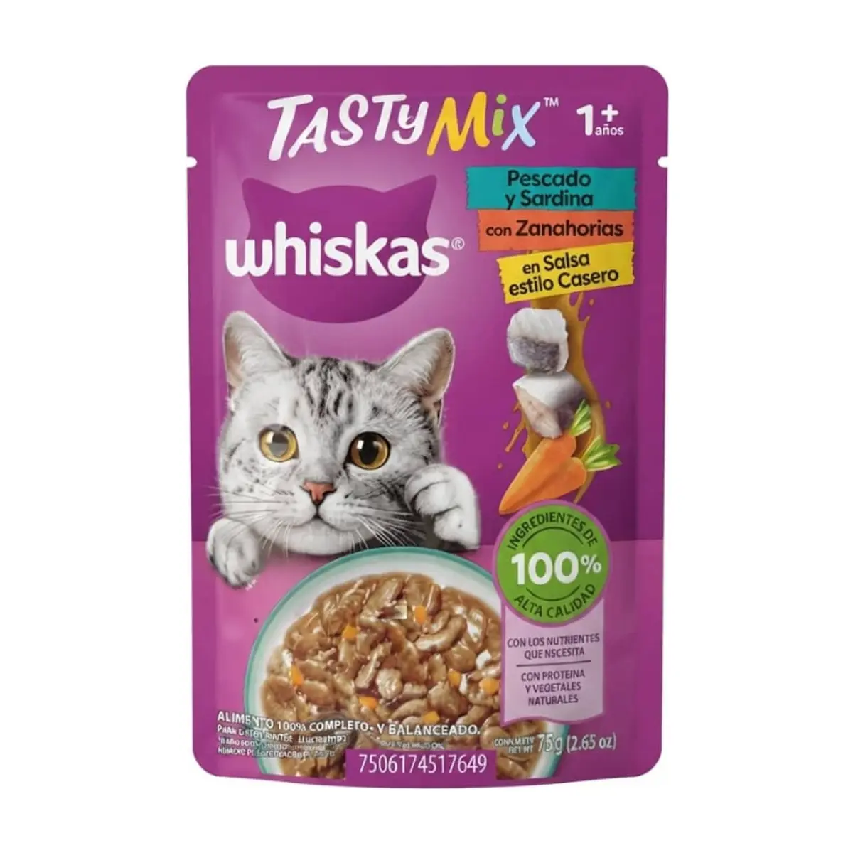 Alimento para gatos adultos con sabor a pescado y sardina con zanahoria en salsa estilo casero Tasty Mix Whiskas (75 g / 2.64 oz) - Imagen 1