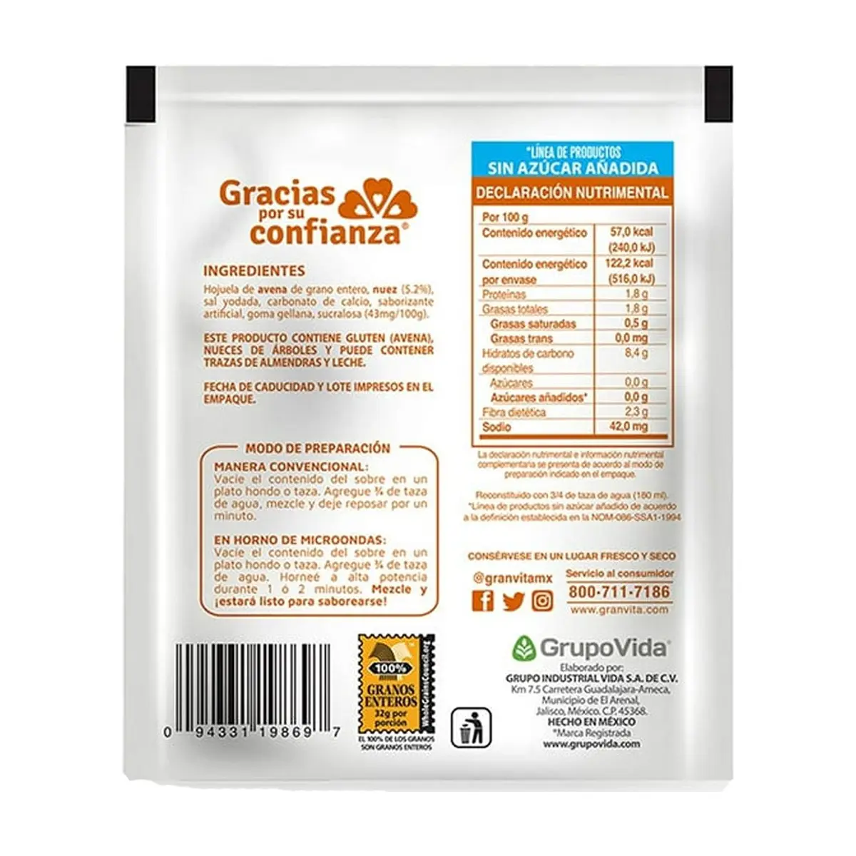 Avena integral instantánea sabor miel con nuez Granvita (35 g / 1.23 oz) - Thumbnail 3