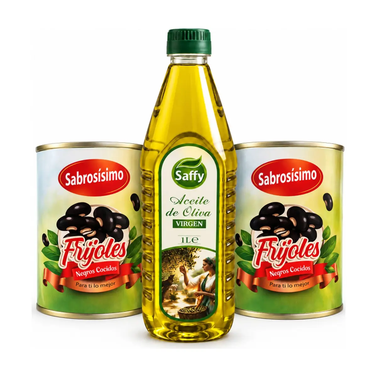 Combo Aceite de oliva virgen Saffy (1 L) +  Frijoles negros cocidos Sabrosísimo (2 x 400 g / 14.11 oz)