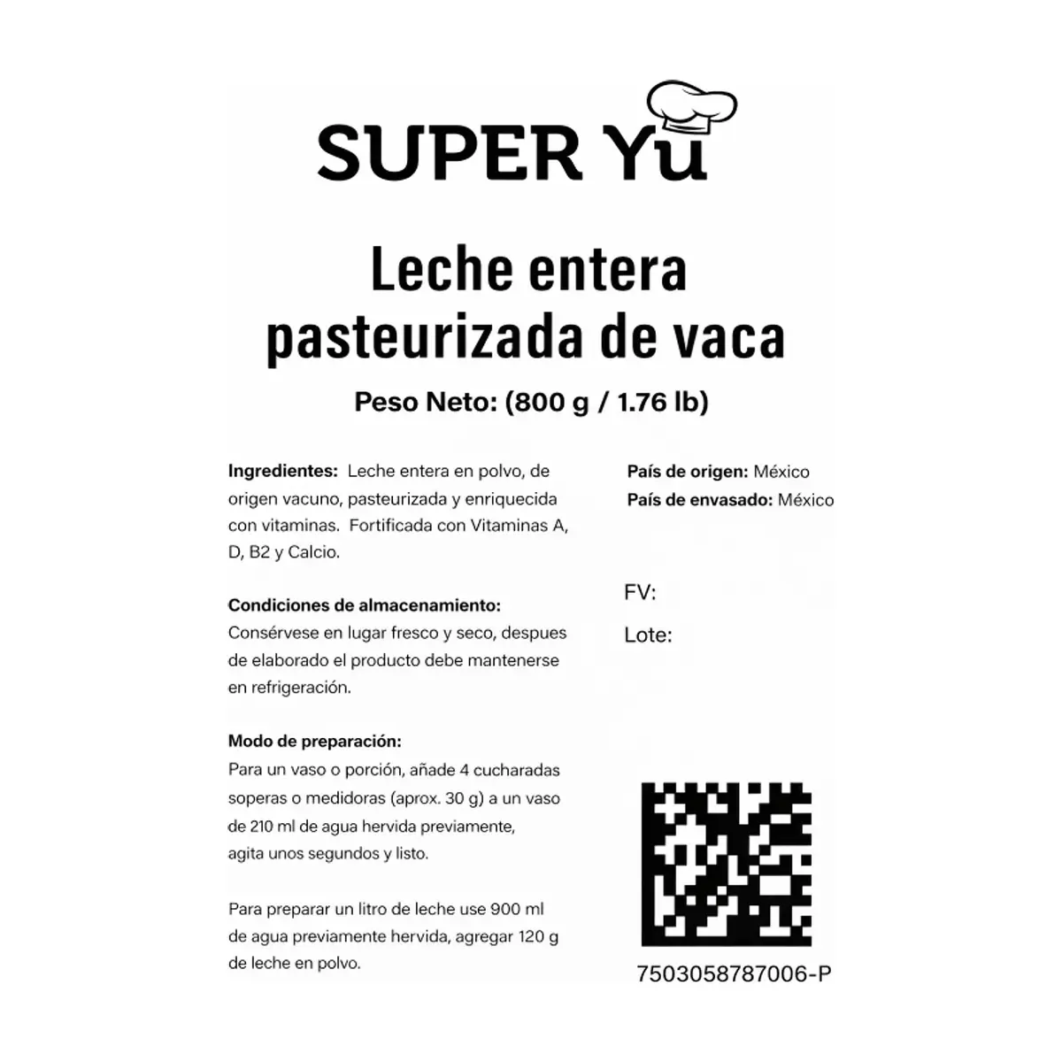 Leche entera pasteurizada de vaca Super Yu (800 g / 1.76 lb) - Miniatura 3