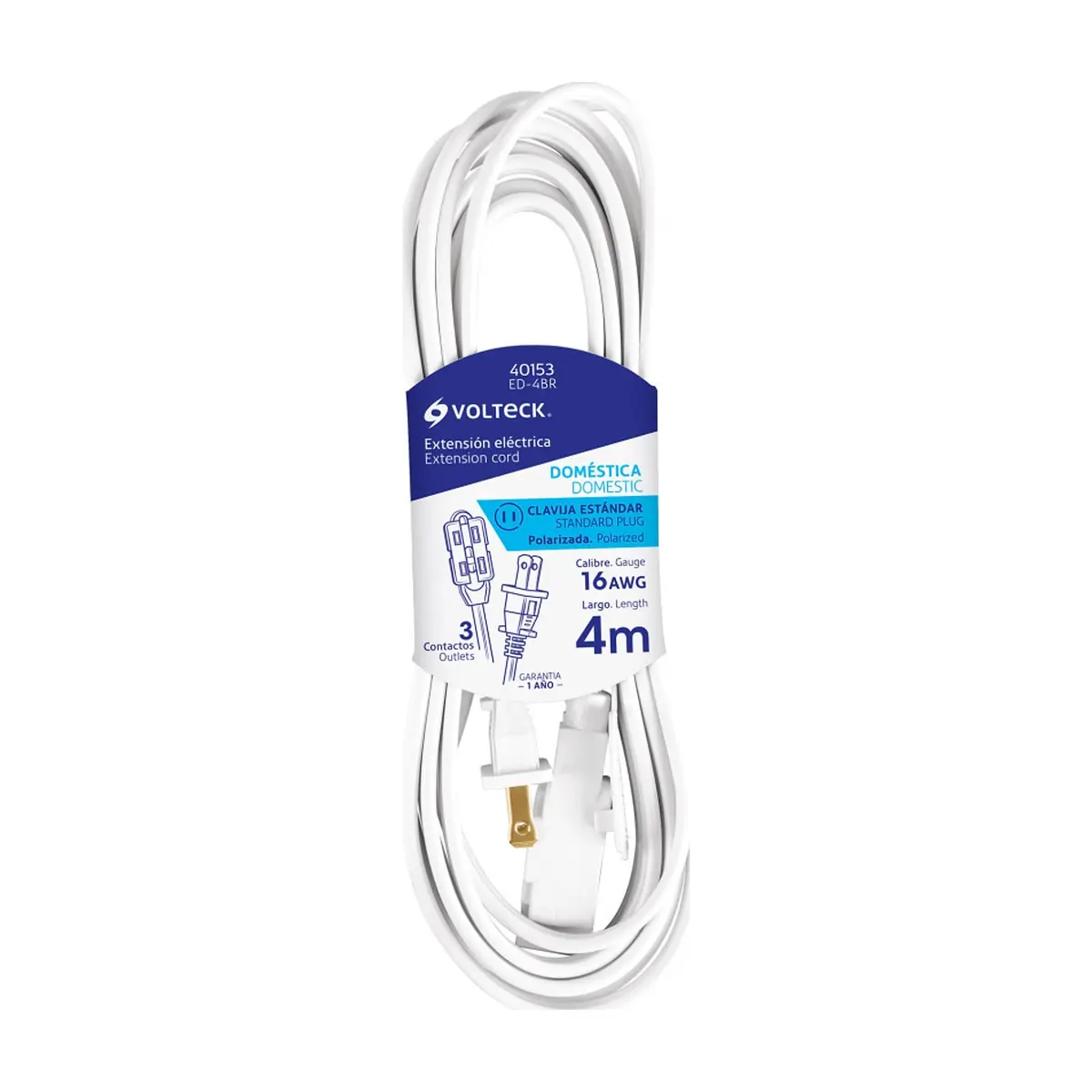 Extensión eléctrica blanca doméstica 4 m clavija recta Volteck ED-4BR