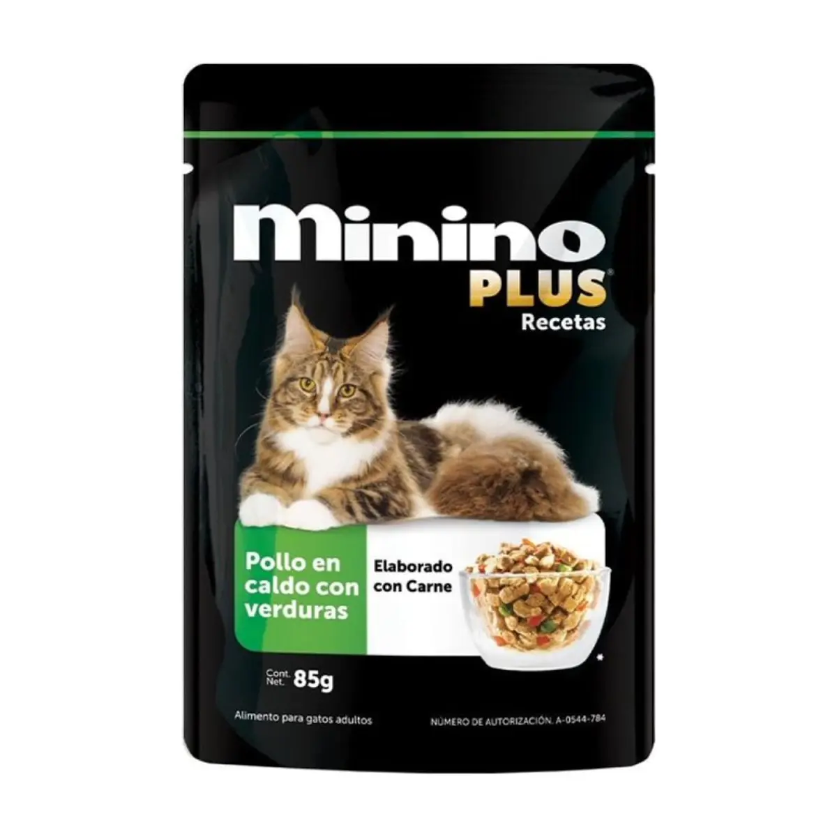 Alimento pollo en caldo con verduras para gatos adultos Minino Plus (85 g / 3 oz)
