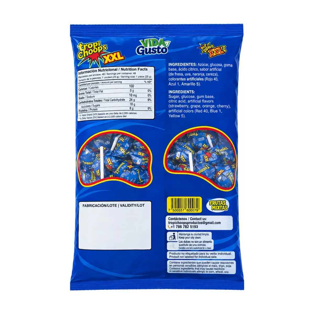 Paquete de chupa chupa XXL relleno de chicle sabor frutas mixtas Tropi Gusto (1.2 kg / 2.64 lb) - Thumbnail 2