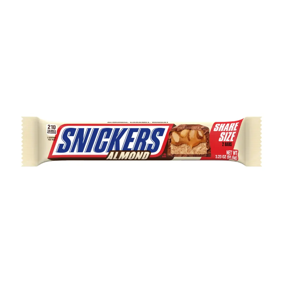 Barra de chocolate con leche rellena de caramelo y almendras Snickers (91.6 g / 3.23 oz)