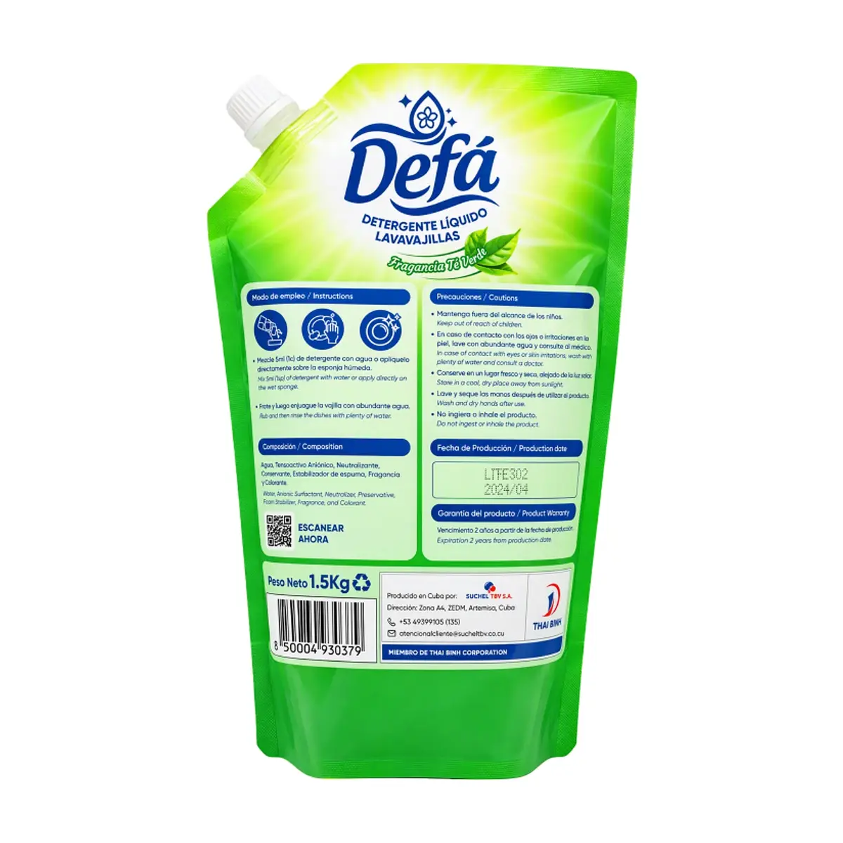 Detergente líquido lavavajillas fragancia Té Verde Defá (1.5 kg / 3.3 lb) - Thumbnail 2