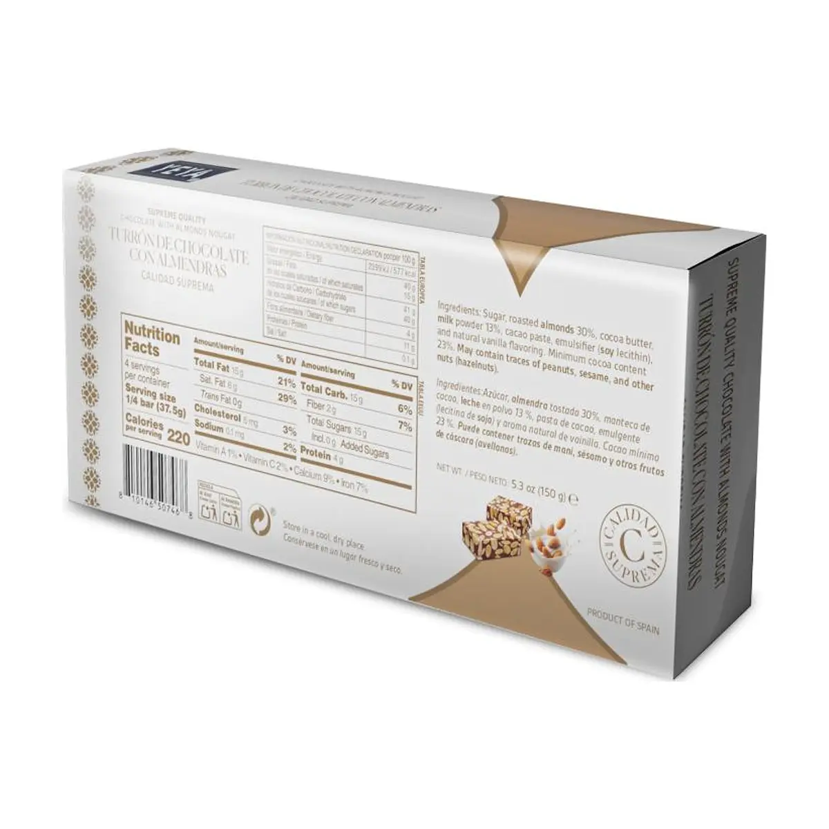 Turrón de chocolate con almendras Calidad suprema YEYA (150 g / 5.3 oz) - Thumbnail 4
