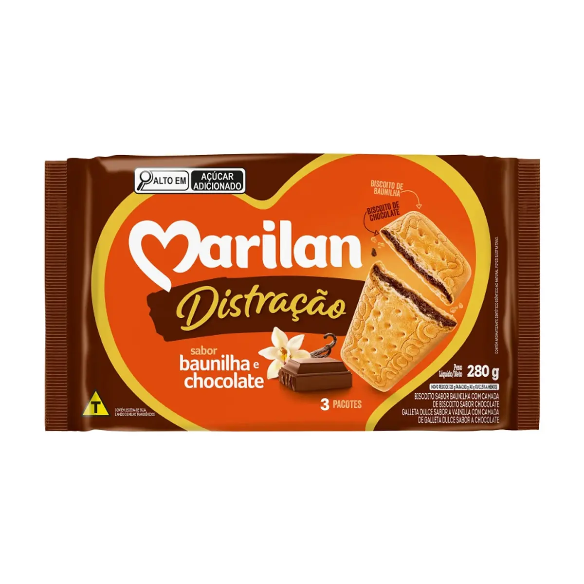 Galleta triple capa sabor vainilla con chocolate Distracao Marilan (280 g / 9.88 oz)
