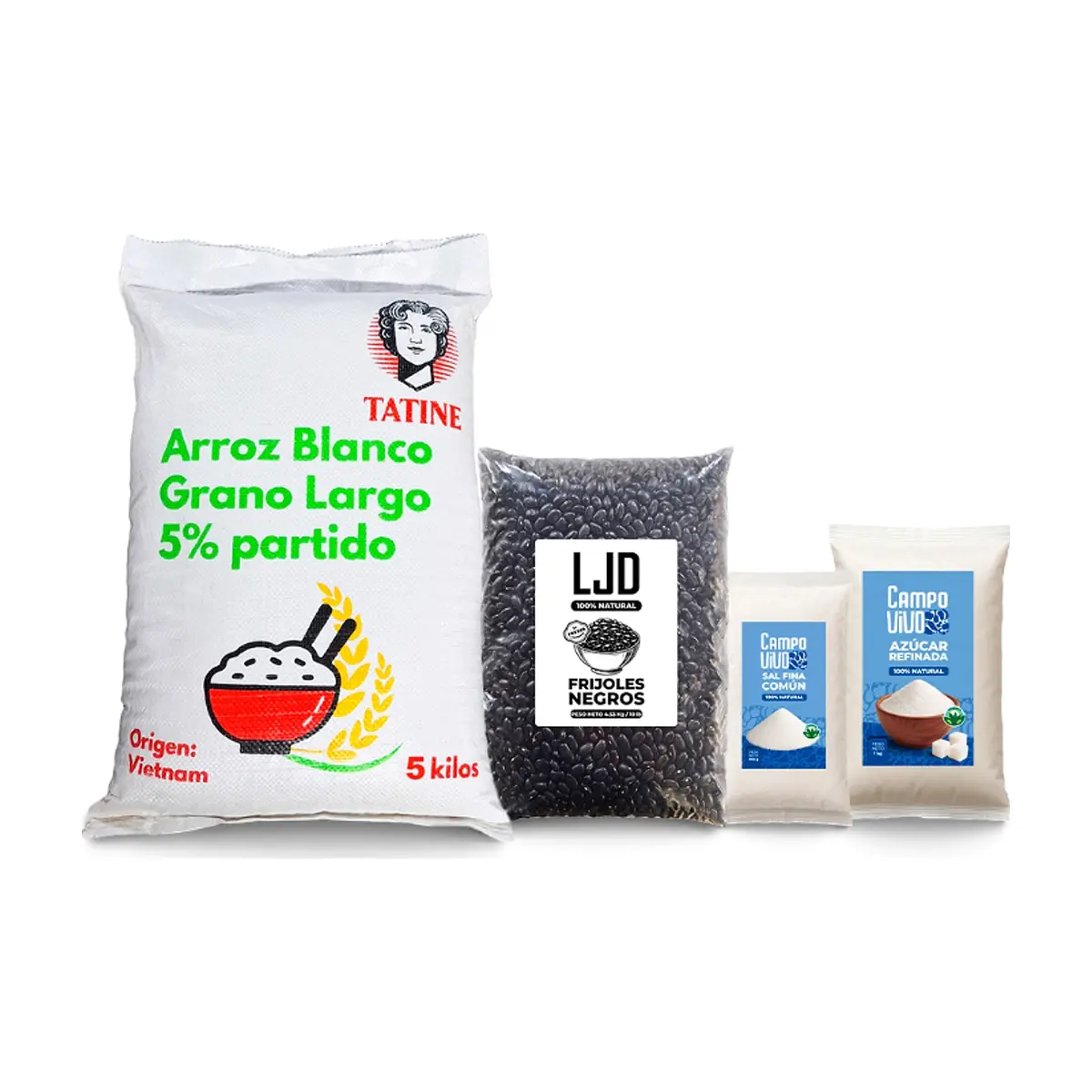 Combo básico: Arroz de grano largo 5% de grano partido Tatine + Frijoles negros LJD + Sal fina común Campo Vivo + Azúcar blanca refina Campo Vivo - Imagen 1