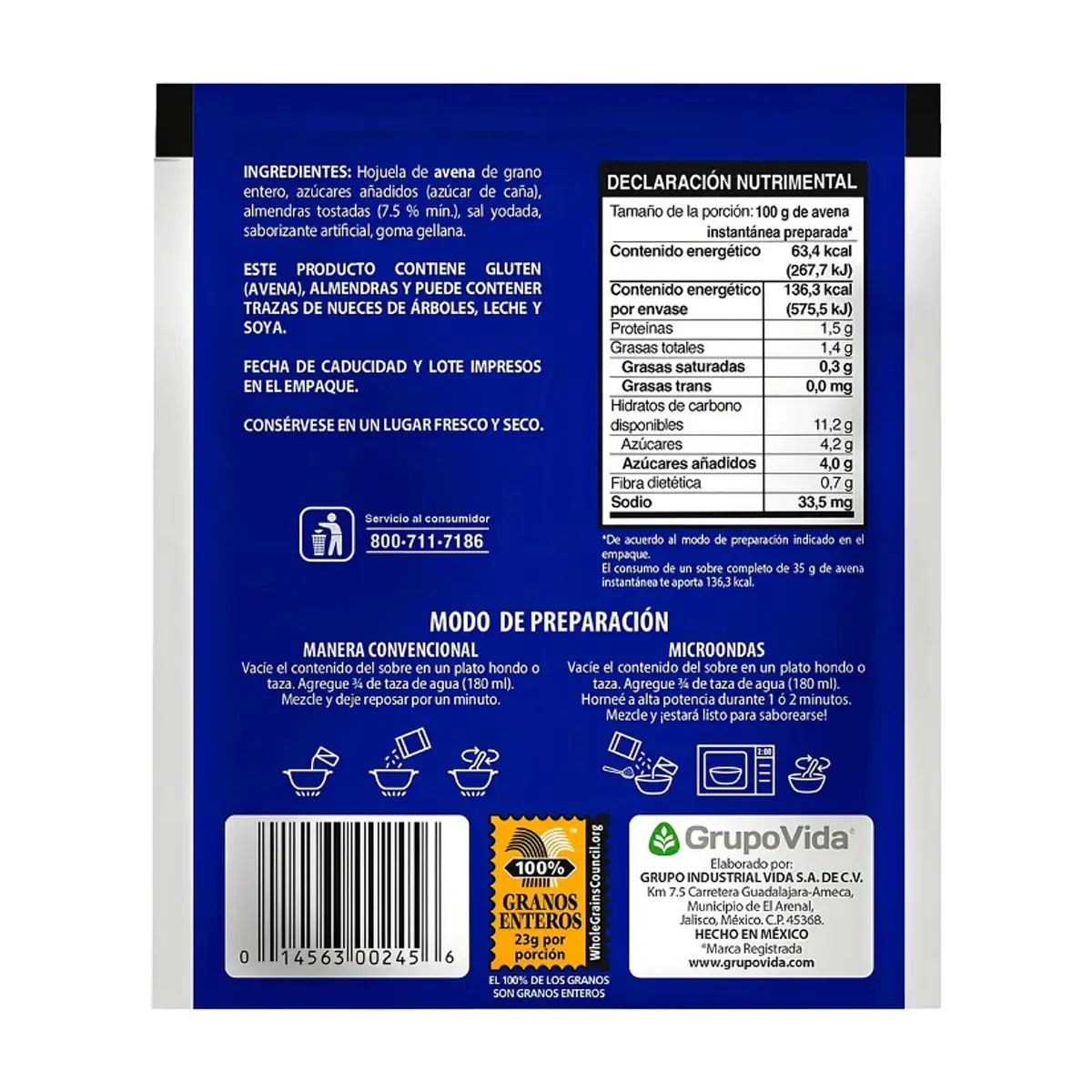 Cereal de avena integral instantáneo con almendras sabor vainilla Avena 1 (35 g / 1.23 oz) - Miniatura 4
