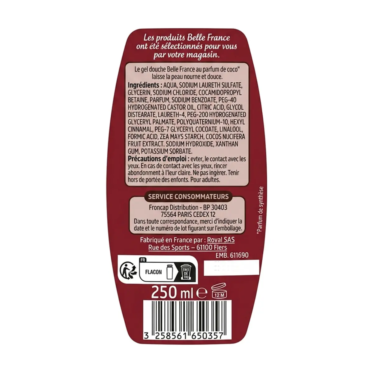 Gel de ducha con perfume de coco Belle France (250 ml) - Thumbnail 3