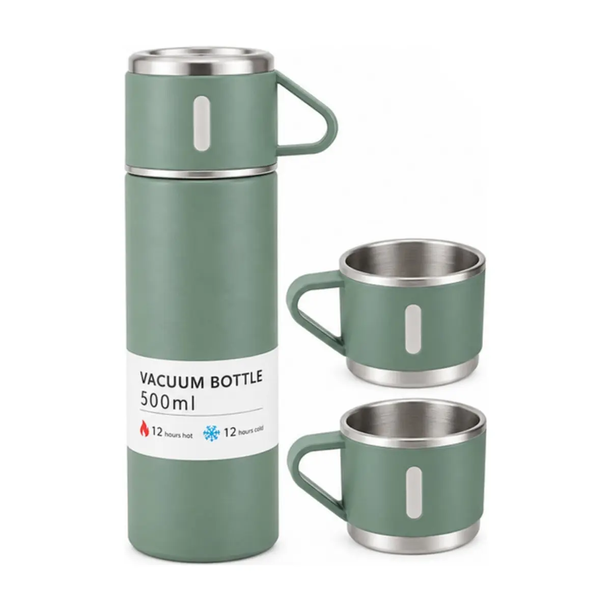Set de termo de acero inoxidable de 500 ml con 2 tazas color verde XL Soluciones - Miniatura 1