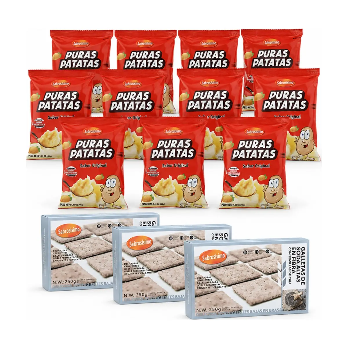 Combo puré de puras patatas instantáneo Sabrosísimo (12 x 40 g / 1.41 oz) + Galletas de soda de grano negro con semilla de chía Sabrosísimo (3 x 250 g / 8.81 oz)
