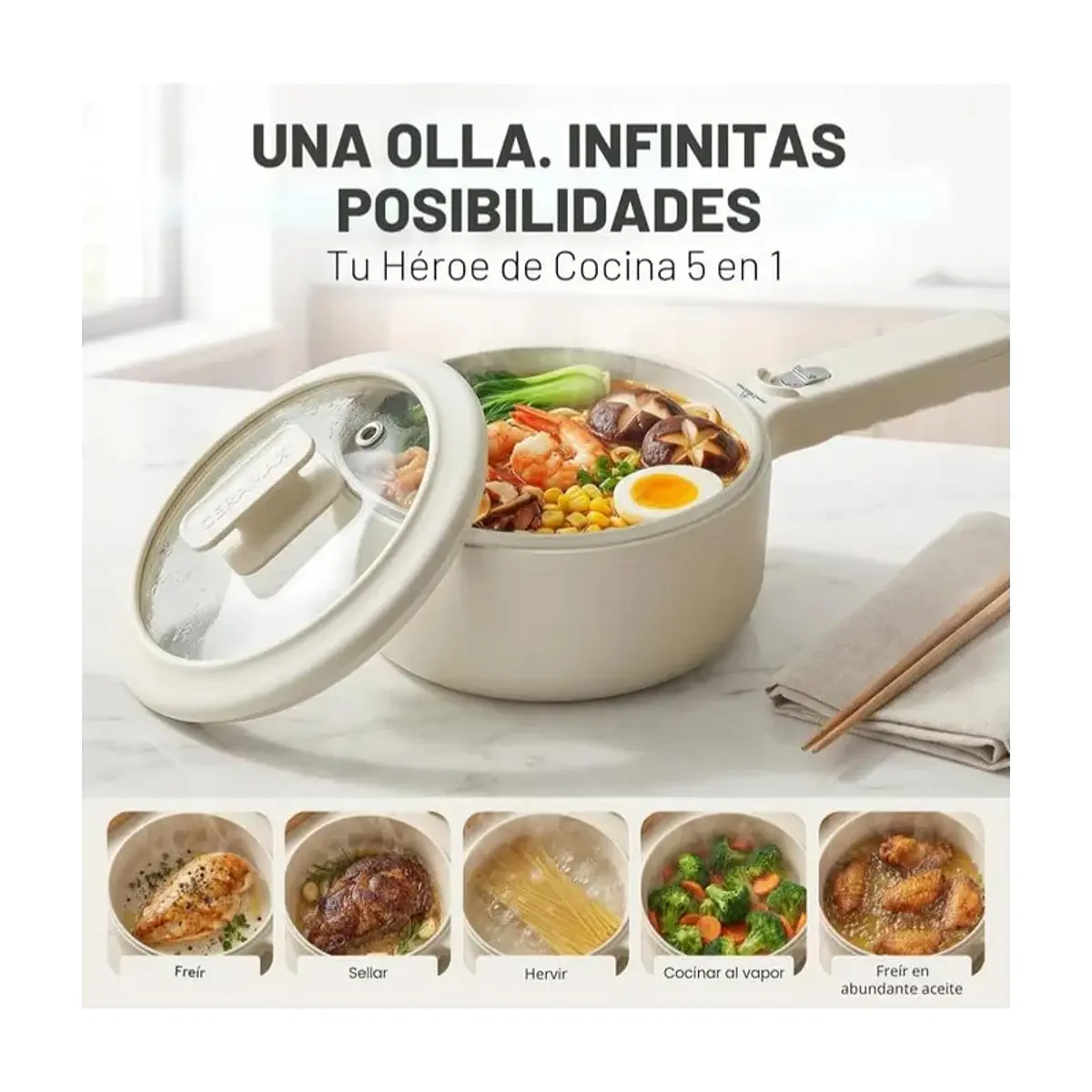 Olla eléctrica 1.5 L con tapa, vaporizador y sartén de cerámica 2 en 1 - Thumbnail 2